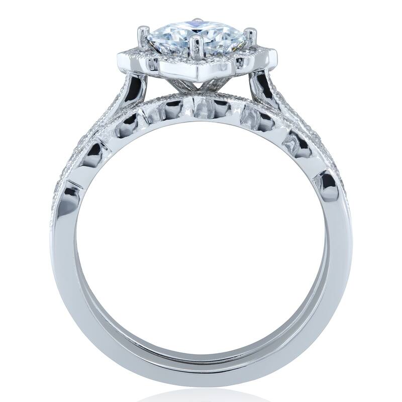 Kobelli 1.4 Carat Moissanite & Natural Diamond 14k Solid White Gold Cushion Floral Jasmine Bridal Set (DEF/VS, GH/I)