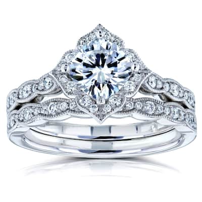 Kobelli 1.4 Carat Moissanite & Natural Diamond 14k Solid White Gold Cushion Floral Jasmine Bridal Set (DEF/VS, GH/I)