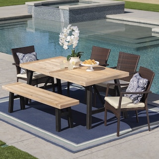 Horton Outdoor 6-Piece Rectangle Wicker Wood Dining Set with Cushions by Christopher Knight Home