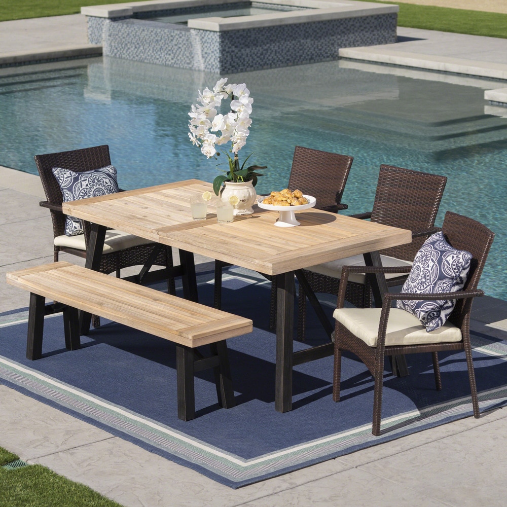 Christopher Knight Home Horton 6-Piece Rectangle Wicker Wood Patio Dining Set with Cushions