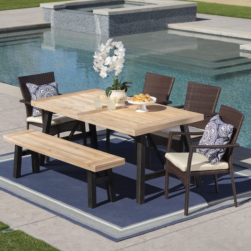 Horton Outdoor 6-Piece Rectangle Wicker Wood Dining Set with Cushions by Christopher Knight Home