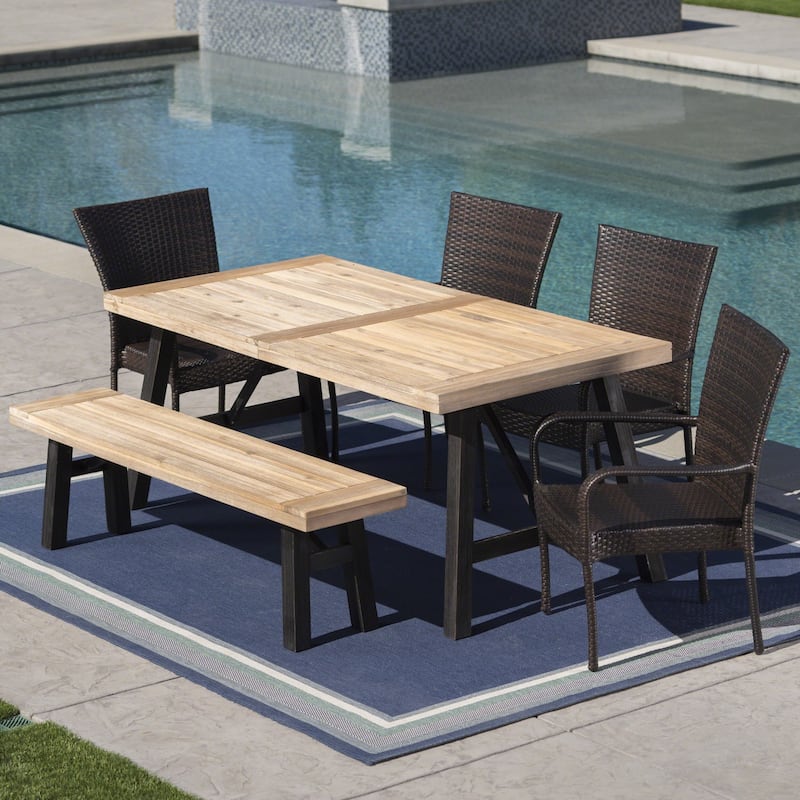 Philippa Outdoor 6 Seater Acacia Wood Dining Set with Wicker Stacking Chairs by Christopher Knight Home
