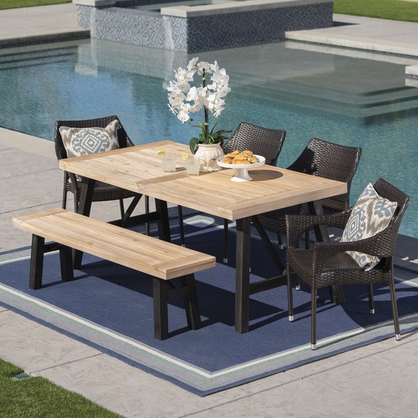 Hensley Outdoor 6-Piece Rectangle Wicker Wood Dining Set by Christopher Knight Home