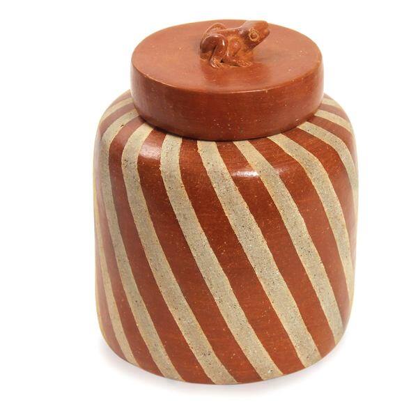 Hand Crafted Indonesian Brown Terracotta Jar and Lid - Cloud Bamboo Frog