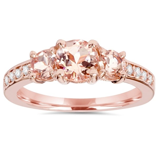 Shop Pompeii3 14k Rose Gold 1 1/2 CTTW Morganite & Diamond 3-Stone Engagement Ring - Pink - On ...