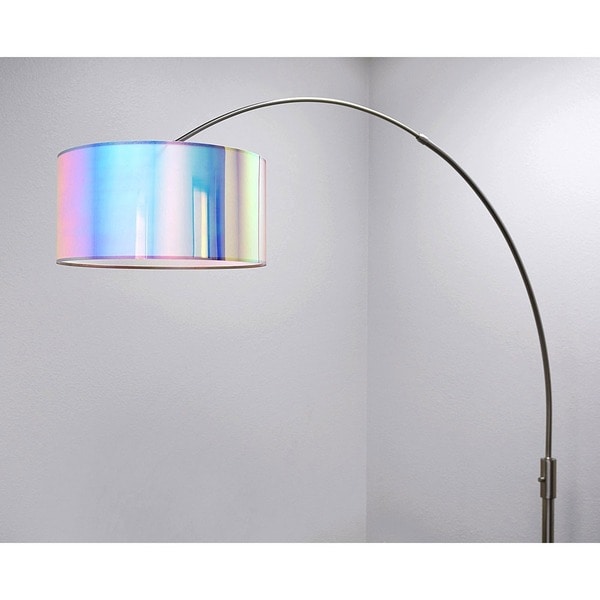 Homeglam Orbita 82 Inch Brushed Nickel Retractable Arch Dimmable Floor Lamp with LED Bulb and Drum Iridescent Shade