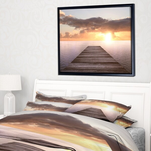 Designart 'Yellow Sea and Brown Pier' Seascape Framed Canvas Art Print