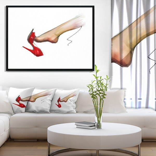 Designart 'Leg Wearing High Heel Red Shoe' Abstract Portrait Framed Canvas Print
