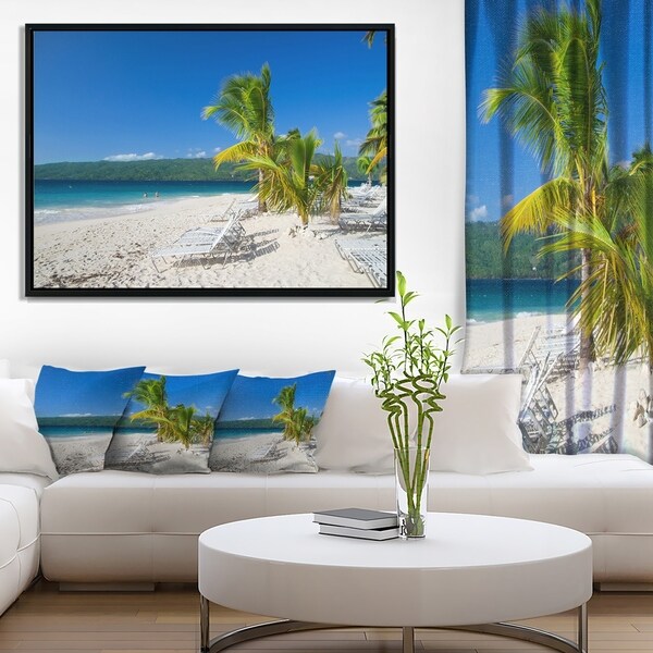 Designart 'Beach Coconut Palms in Wind' Seashore Photo Framed Canvas Print