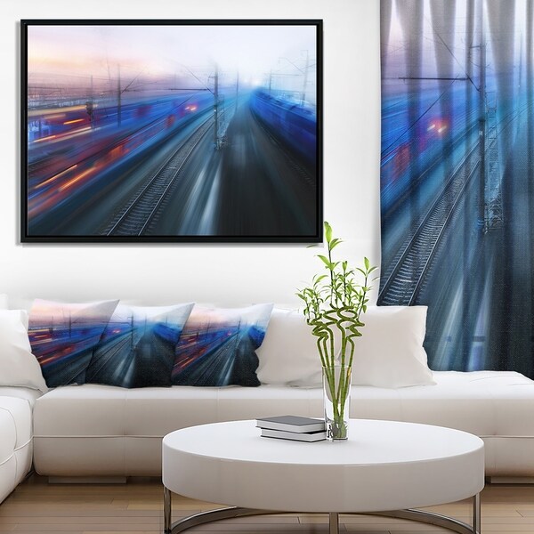 Designart 'Train Movements at Twilight' Landscape Photography Framed Canvas Print