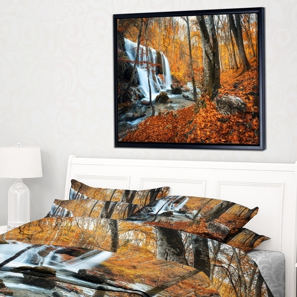 Designart 'Autumn Mountain Waterfall Close View' Landscape Photography Framed Canvas Print