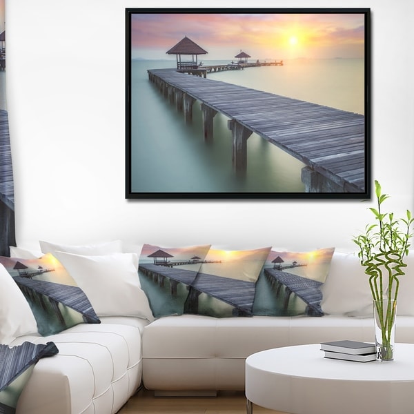 Designart 'Wooden Sea Bridge and Sunset' Seashore Photo Framed Canvas Print