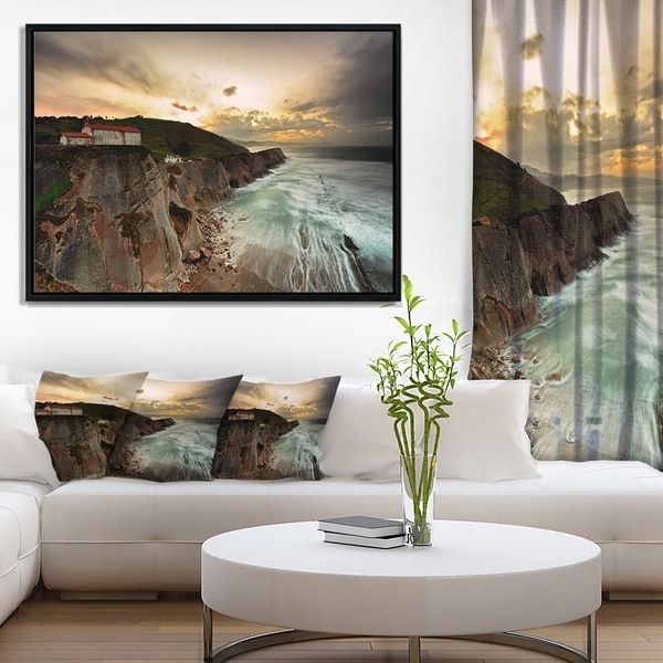 Designart 'Ocean Hitting Rocky Hill' Seashore Photo Framed Canvas Art Print