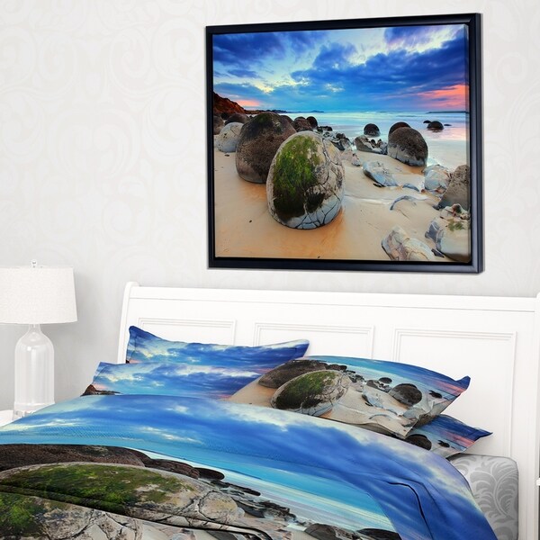 Designart 'Cloudy Sunrise Over Moeraki Boulders' Seashore Photo Framed Canvas Print