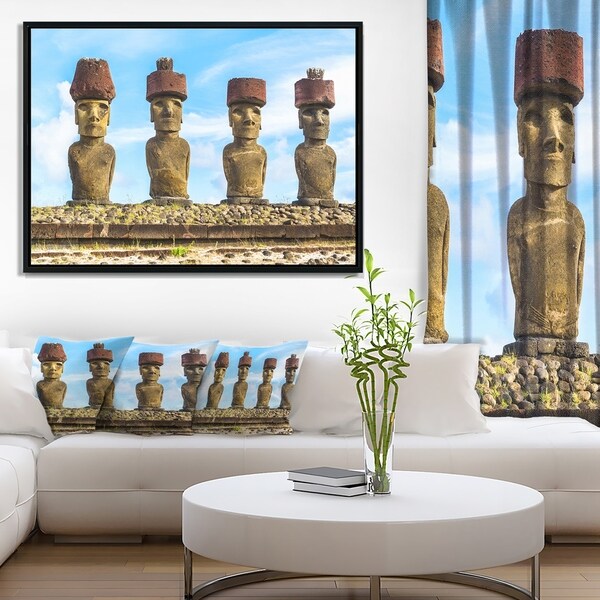 Designart 'Moai with Red Topknot Hat' Portrait Photo Framed Canvas Art Print