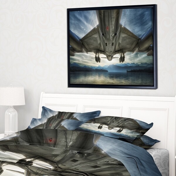 Designart 'Plane Over Beach and Sea' Seashore Photography Framed Canvas Print