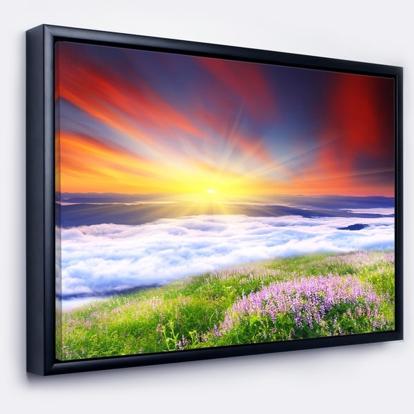 Designart 'Sunrise with Blooming Flowers' Landscape Framed Canvas Art Print