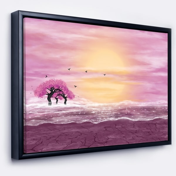 Designart 'Water and Pink Trees in Desert' Landscape Framed Canvas Art Print