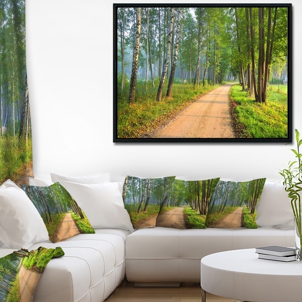 Designart 'Road in Green Morning Forest' Landscape Photo Framed Canvas Art Print