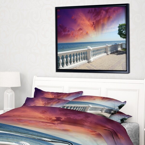 Designart 'Stone Balcony with Ocean View' Seashore Photo Framed Canvas Art Print