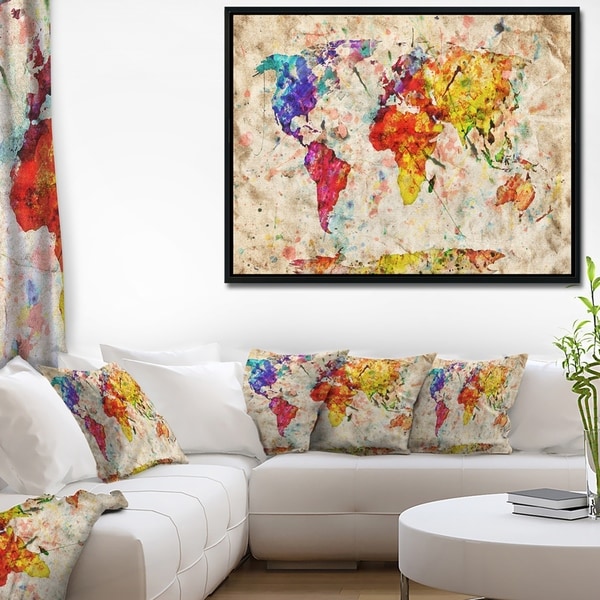 Designart 'Vintage World Map Watercolor' Map Framed Canvas Art Print