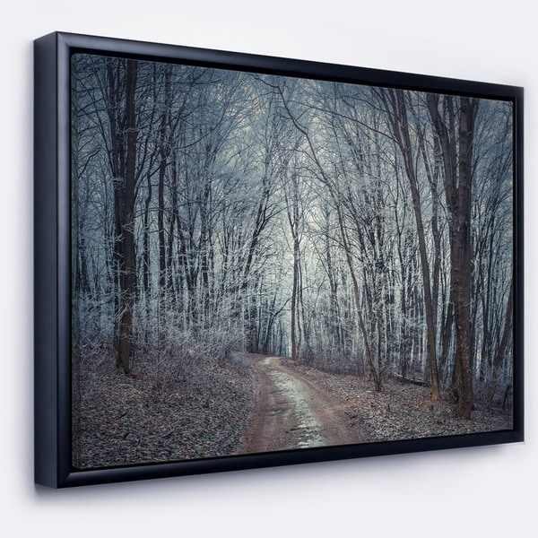 Designart 'Dense Gray Fall Forest Path' Landscape Photo Framed Canvas Art Print