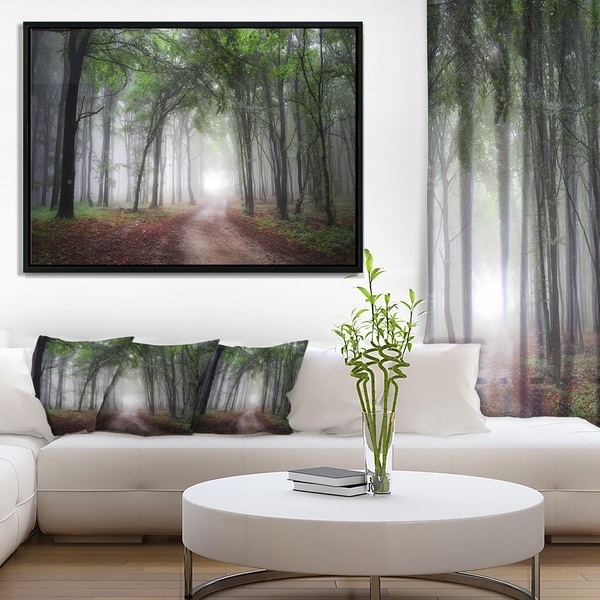 Designart 'Light Through Green Fall Forest' Landscape Photography Framed Canvas Print