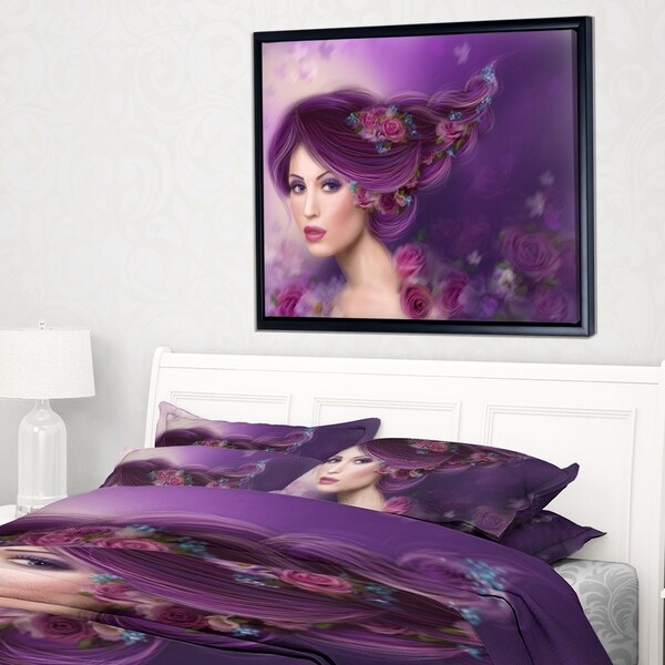 Designart 'Woman with Purple Hair' Abstract Portrait Framed Canvas Print