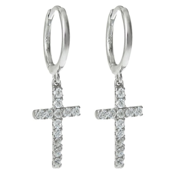 Queenberry Sterling Silver Cz Cross Dangle Hoop Hug Queenberry Sterling Silver Cz Cross Dangle Hoop Hug Earrings