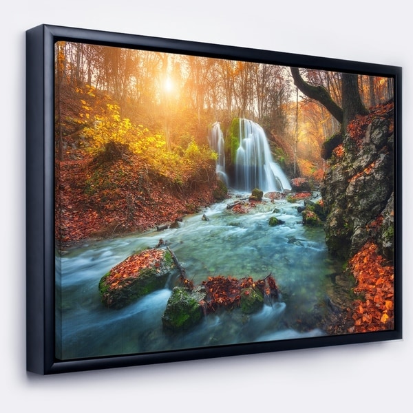 Designart 'Fast Flowing Fall River in Forest' Landscape Photography Framed Canvas Print