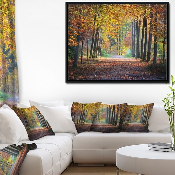 Designart 'Wide Pathway in Yellow Fall Forest' Landscape Photography Framed Canvas Print