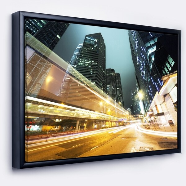 Designart 'Traffic in Hong Kong at Night' Cityscape Framed Canvas Print