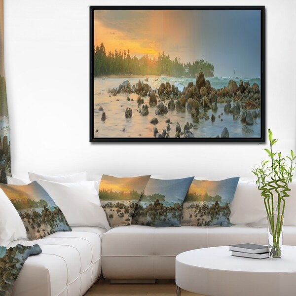 Designart 'Romantic Untouched Beach Sunset' Landscape Framed Canvas Art Print