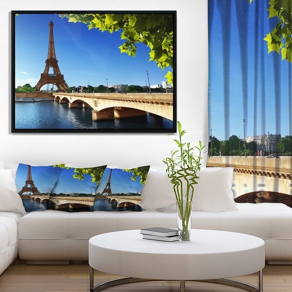 Designart 'Bridge to Paris Paris Eiffel TowerParis' Cityscape Framed Canvas Print