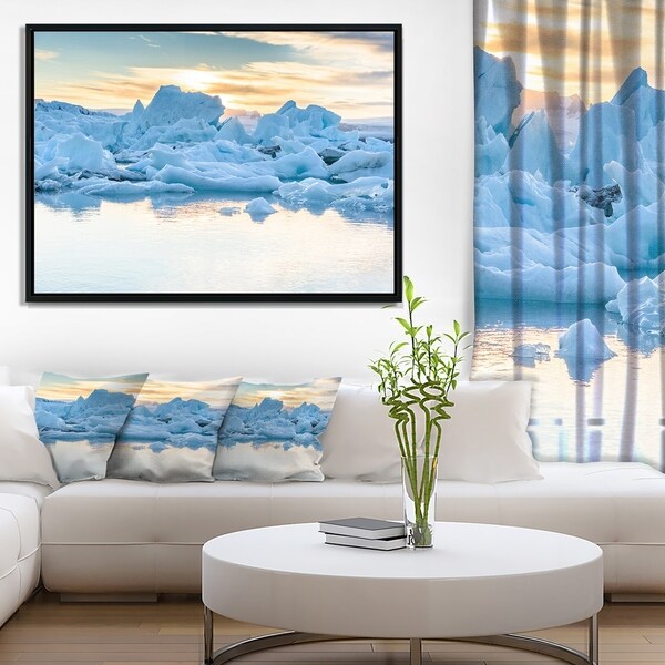 Designart 'Icebergs in Glacier Lagoon' Seascape Framed Canvas Art Print