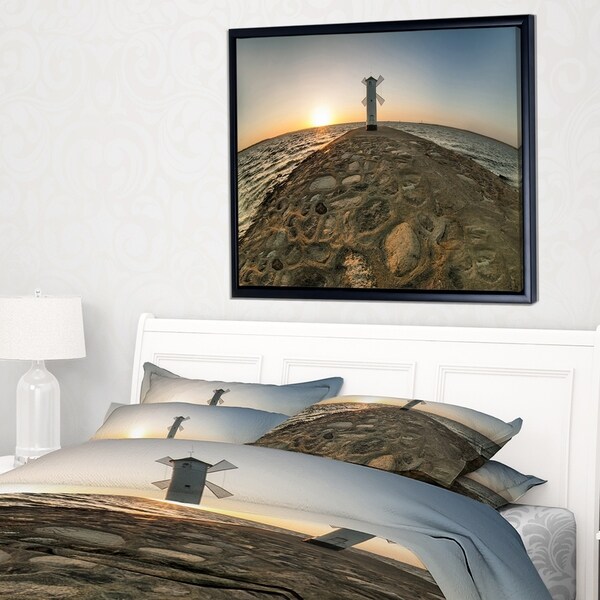 Designart 'Lighthouse Windmill Stawa Mlyny' Seascape Framed Canvas Art Print