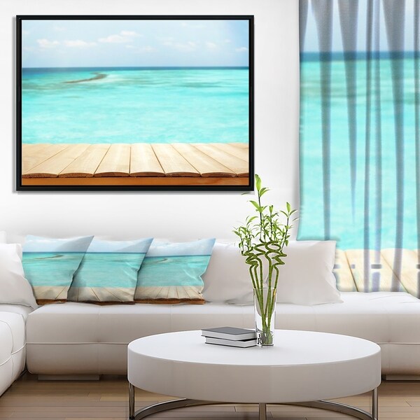 Designart 'Wooden Planks on Sea Background' Seascape Framed Canvas Art Print
