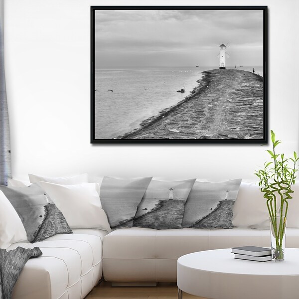 Designart 'Lighthouse Windmill Stawa Mlyny in Grey' Seascape Framed Canvas Art Print