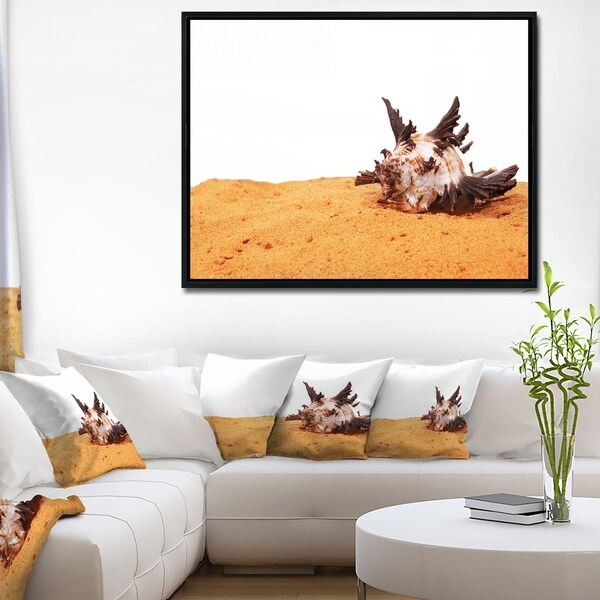 Designart 'Large Sea Shells on Sand' Seascape Framed Canvas Art Print