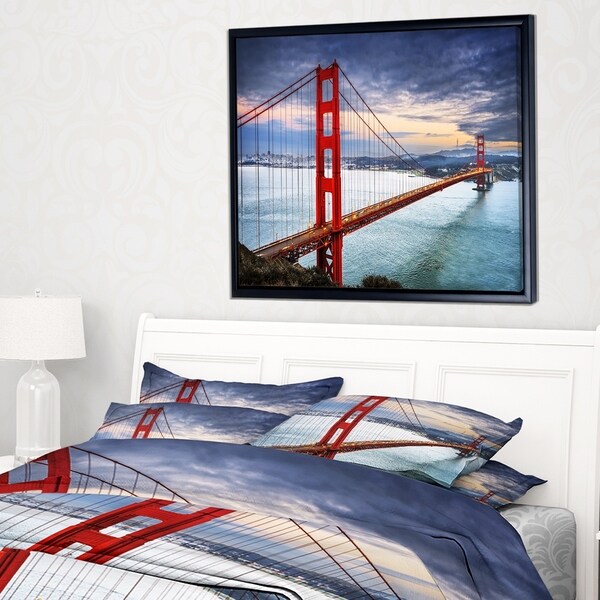 Designart 'Golden Gate under Cloudy Sky' Sea Bridge Framed Canvas Art Print