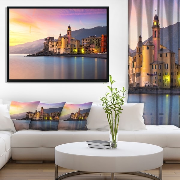 Designart 'Old Mediterranean Town at Sunrise' Large Seashore Framed Canvas Print