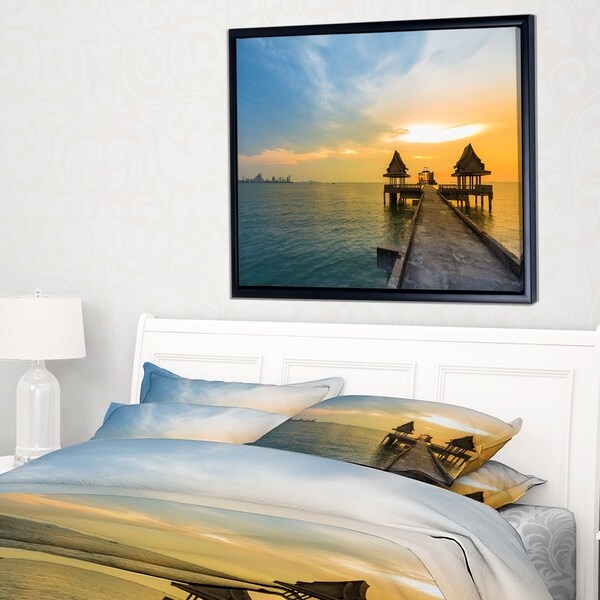 Designart 'Walking Path to Temple in the Sea' Sea Bridge Framed Canvas Art Print
