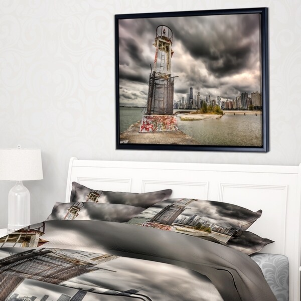 Designart 'Lake Michigan Navigation Light' Cityscape Framed Canvas Print