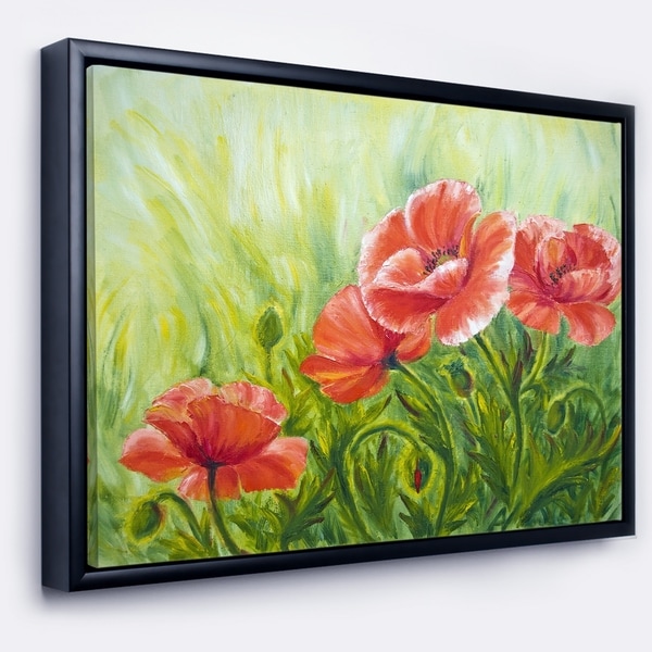 Designart 'Blooming Poppies with Green Leaves' Large Floral Wall Art Framed Canvas