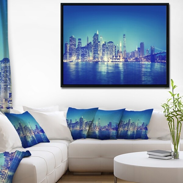 Designart 'Blue New York City at Night Panorama' Cityscape Framed Canvas Print