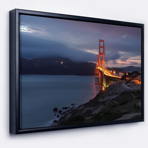 Designart 'Golden Gate with Night Illumination' Sea Bridge Framed Canvas Art Print