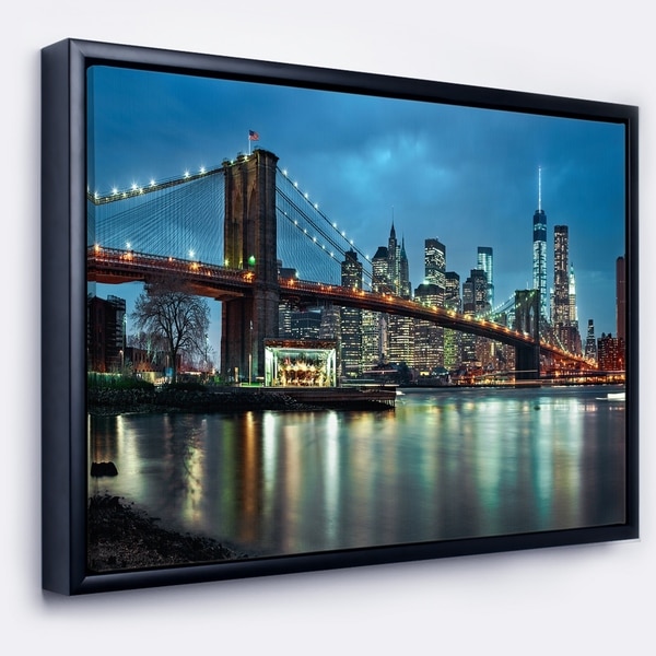 Designart 'Brooklyn Bridge and Skyscrapers' Cityscape Framed Canvas Print