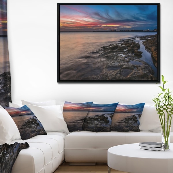 Designart 'Colorful Sky and Dark Rocky Sydney Coast' Large Seashore Framed Canvas Print