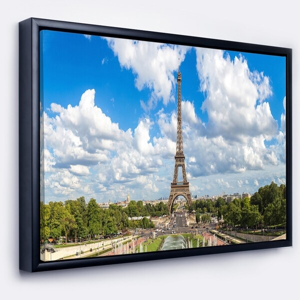 Designart 'Panoramic Paris Paris Eiffel Towerunder Clouds' Cityscape Framed Canvas Print