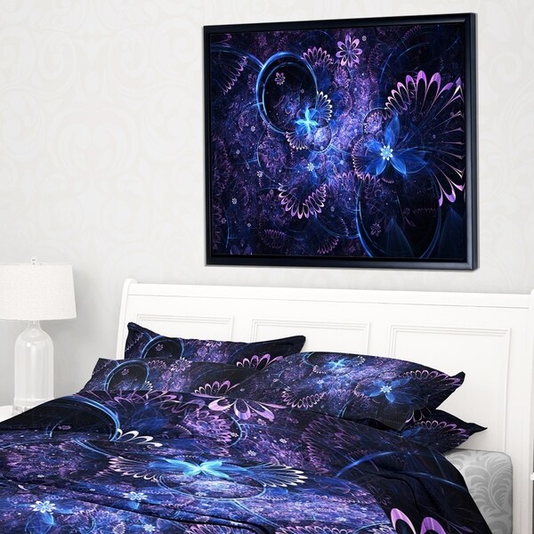 Designart 'Dark Blue and Pink Fractal Flowers' Large Floral Wall Art Framed Canvas